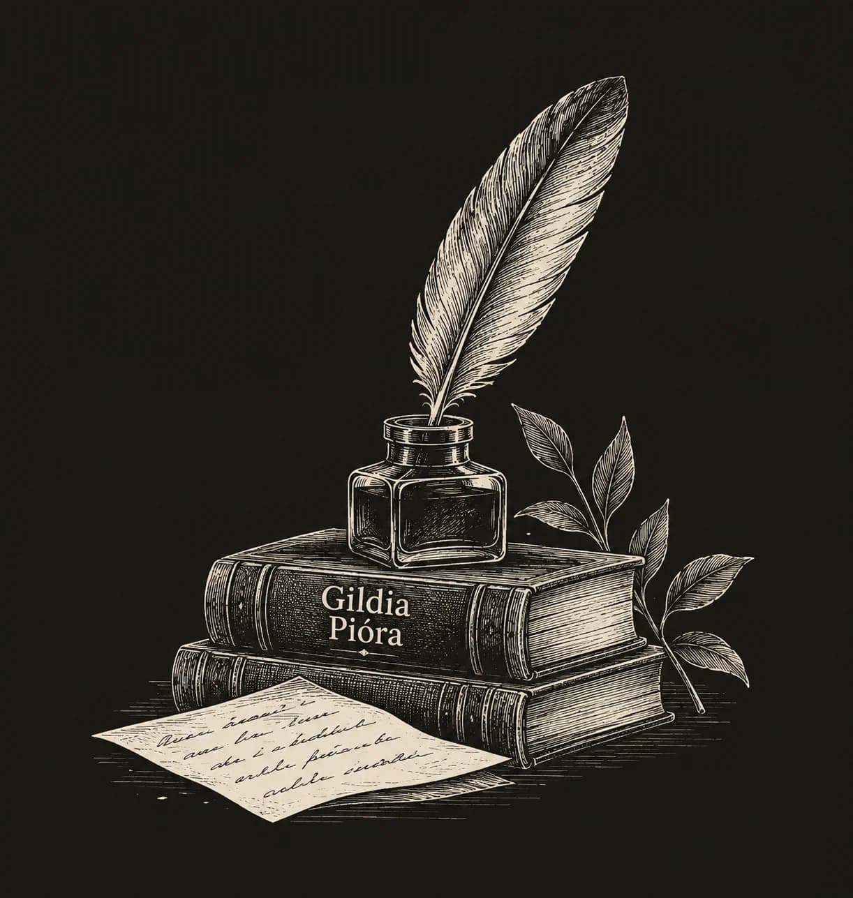 A quill in an inkwell on a stack of books