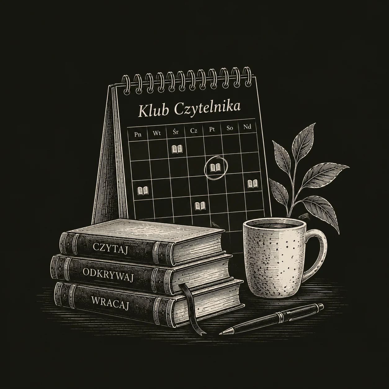 Cover to Cover Club — a stack of books, a reading calendar and a mug of coffee